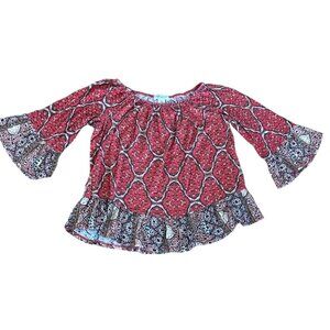 Style & Co Blouse Small Petite Bohemian Floral Bell Sleeve Red Gray Ruffled Boho